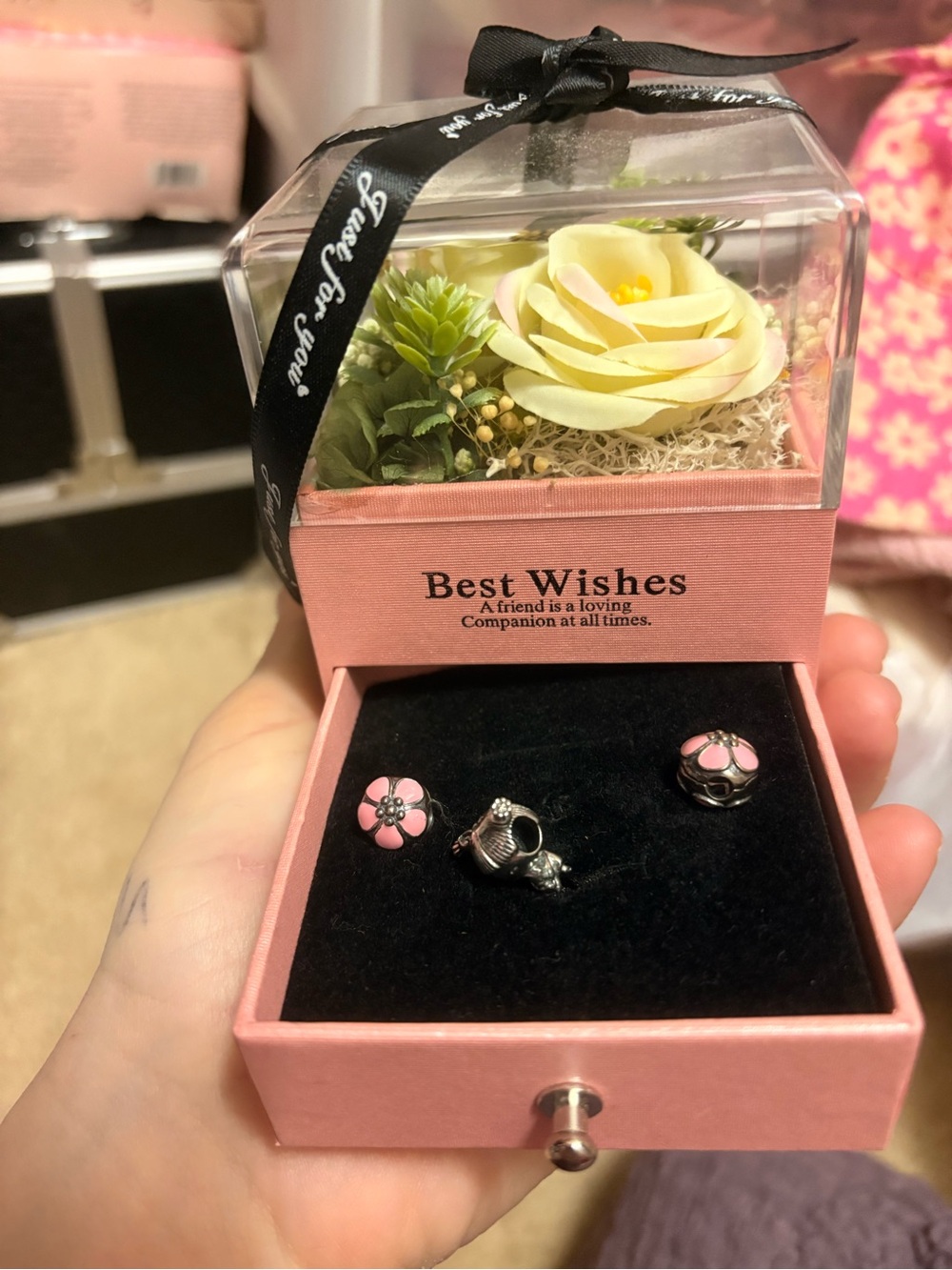 925 Sterling Silver charms for bracelet + jewelry box with flowers on top